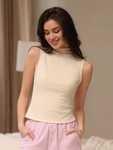 DAZY Pijama de punto de cuello alto sin mangas de ajuste ceñido para mujer - Beis - Ver 3