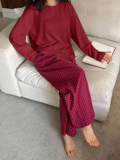DAZY Solid Color Loose T-Shirt Top & Plaid Long Pajama Pants Women Sleepwear Set