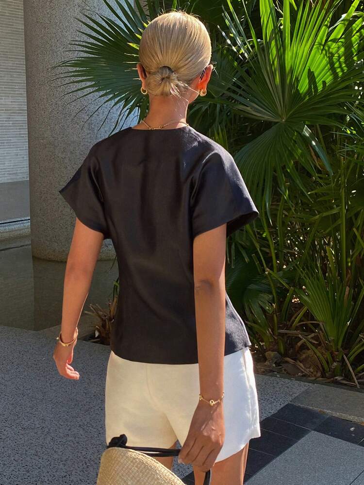 Women's Elegant Formal Contrast Color Metal Buckle V-Neck Short Sleeve Blouse, Spring/Autumn Summer