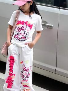 SHEIN ChillGRL Bộ 2 món cho bé gái tuổi teen, gồm áo thun cổ tròn tay ngắn in họa tiết dễ thương và quần ống rộng in họa tiết, thích hợp mặc hàng ngày, đi làm, dạo chơi, đi nghỉ mát, tụ họp, dạo phố, mùa xuân/hè. - trắng - Xem 4