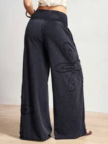 Bohemela Pantalones anchos de mujer de punto de unicolor casual con aplicación floral - Negro - Ver 2