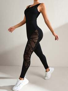 Velisys 夏季网纱拼接露背弹力连体裤 - 黑色 - 查看 6