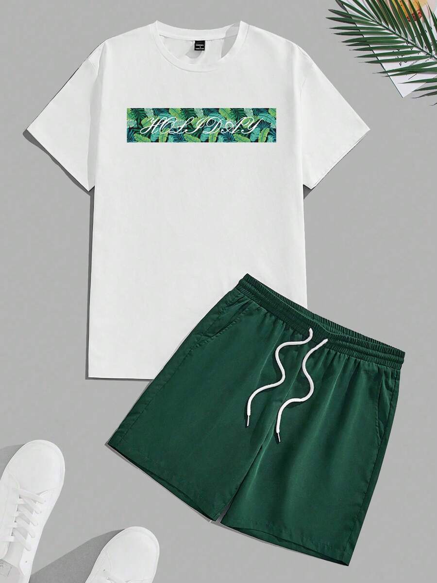 VIVINTIMO Men's Slim Fit White Knit Top And Green Woven Shorts Set Tropical Plant & Letter Print T-Shirt Set, Vacation Style - Multicolor - View 1