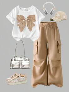 SHEIN ChillGRL 2件套少女休闲T恤和工装裤套装，蝴蝶刺绣图案圆领短袖T恤和裤子，春夏时尚套装 - 卡其色 - 查看 6