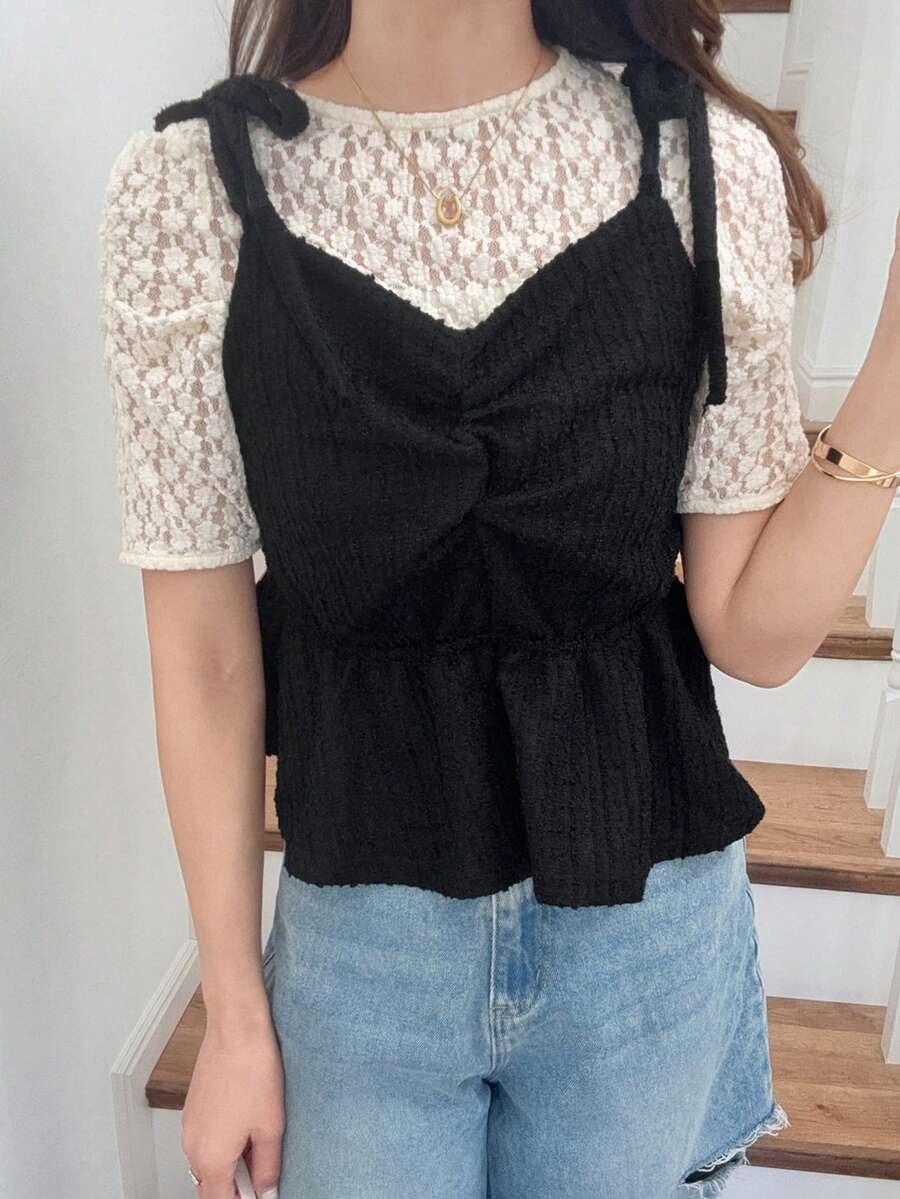 FRIFUL Women's Pleated Shoulder Tie Ruffle Hem Solid Color Camisole - Black - View 1