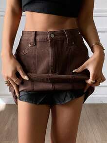 DAZY Women's Regular Waist Short Street Casual Denim Mini Skirt Y2k - Brown - View 4