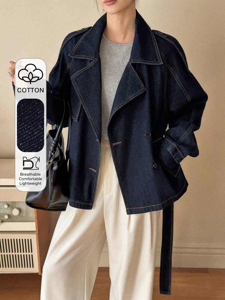 Women's Lapel Stitching Decor Belt Decor Casual Washed Loose Denim Jacket