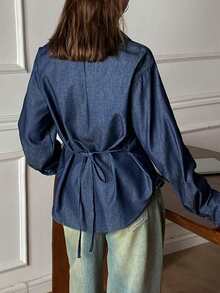 DAZY Blusa vaquera casual de mujer con cuello, cintura ceñida y mangas largas