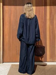 DAZY Women's Loose Denim Shirt With Stand Collar And Wide Leg Jeans Casual Denim Set - Dark Wash - View 4