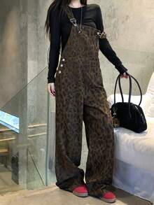 DAZY 女士豹纹长款休闲牛仔背带裤和连体裤 - 棕色 - 查看 6