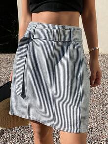 Livesso 女士休闲条纹系带直筒牛仔裙，宽松商务办公街头风，适合秋冬季节 - 淺色水洗藍 - 查看 2