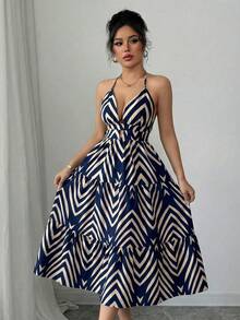 Elenzga 藏蓝色条纹印花V领收腰A字连衣裙，优雅露背性感休闲度假风，适合情人节、劳动节、复活节、返校季、花园、海滩、旅行、夏季等场合。 - 藏蓝色 - 查看 5