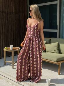 DAZY Floral All-Over Print Sleeveless V-Neck Jumpsuit Loungewear - Brown - View 4