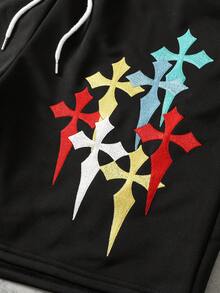 ROMWE MEN 男士刺绣十字宽松短裤 - 黑色 - 查看 2