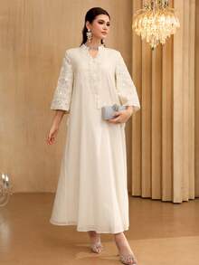 SHEIN Najma 女士阿拉伯风格连衣裙，立领，布料拼接，流苏装饰，喇叭形七分袖 - 杏色 - 查看 7