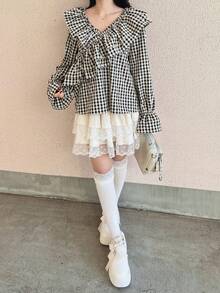 FRIFUL 女士格子棉质多层领荷叶边袖口宽松休闲百搭衬衫 - 黑色 - 查看 2