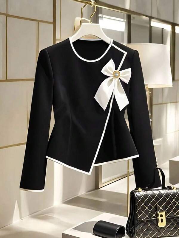 Franclia Plus Size Women Elegant Bow Cuff Long Sleeve Shirt, Asymmetric Hem Design, Versatile Layering Piece, Suitable For Office And Casual Wear