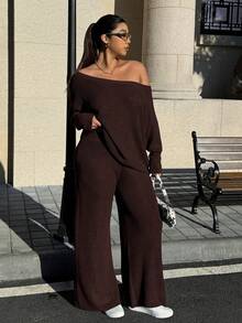 Muchica Plus Size Asymmetric Collar Long Sleeve Sweatshirt And Pants Casual Suit - Brown - View 4