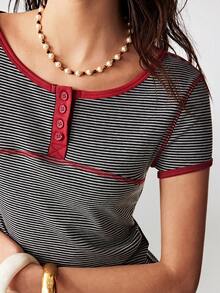 Bohemela Casual Knit Partial Zip-Up Short Sleeve Fitted Women T-Shirt - Grey - View 5