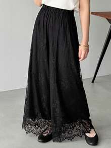 FRIFUL Women's Elastic Waist Full Lace Wide Leg Pants - Black - View 2