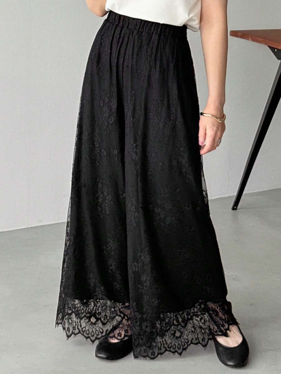 FRIFUL Women's Elastic Waist Full Lace Wide Leg Pants - Black - View 1