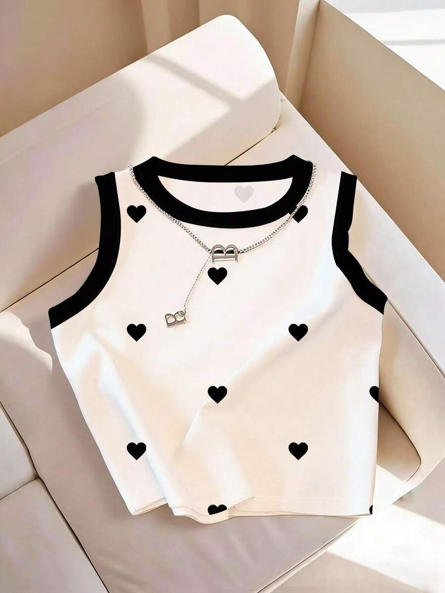 Resyla Camiseta ajustada con estampado de corazón y ribete de contraste, popular para primavera/verano - Multicolor - Ver 1