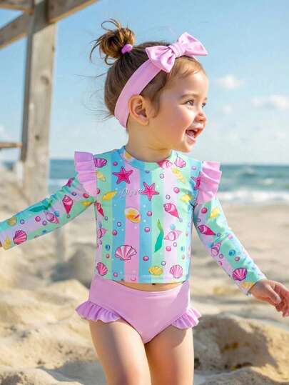 Baby Girls' Swimsuit, Ocean Creature Print, Knit Fabric, Flounce Trim, Two-Piece Swimwear, Headband Included, Fashionable Casual Chic, Suitable For Swimming, Vacation, Summer Summer Vacation Thermal Christmas Holiday Festival New Years Valentines Swim Toddler Girl Ruffled Swimsuit Toddler Girl Swimwear Toddler Girl Seashells Starfish Print Swimsuit Toddler Girl Two Piece Swimsuit Princess Swimwear Long Sleeve Long Sleeve Swimsuit For Girls  Toddler Girl Swimsuit Long Sleeve Toddler Girl Swim Wear Swimwear For 2 Years Old Girl Toddler Girl Bathing Suit Ruffle Toddler Swimsuit Toddler Girl Long Sleeve Swimsuit Toddler Girl Rash Guard Swimsuit Baby Girl Rash Guard Swimsuit Toddler Rash Guard Girl Toddler Mermaid Swim Suit