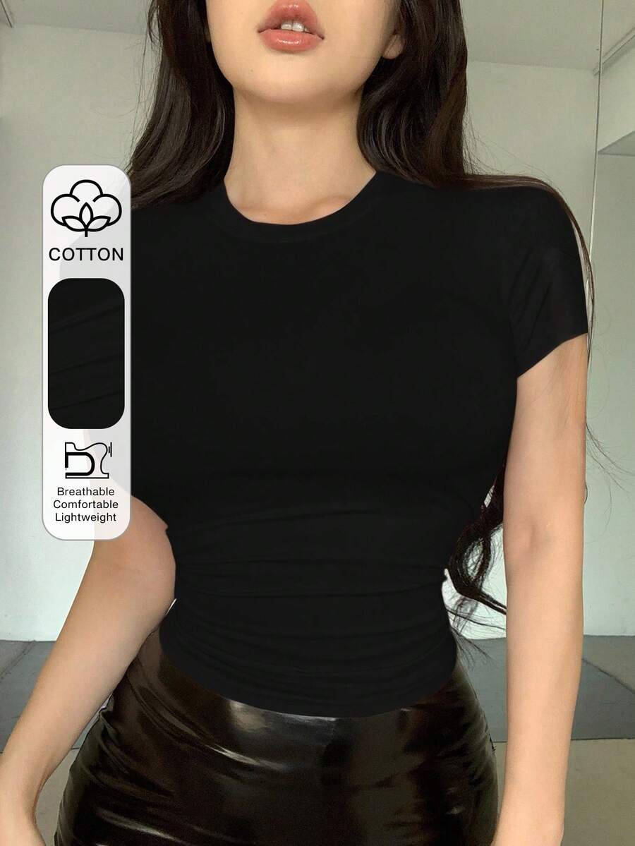 DAZY Women's Solid Color Round Neck Fitted Short Sleeve Casual Versatile T-Shirt Summer - Black - View 1