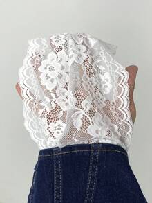 SHEIN ICON Women's Y2k Fashionable Sexy Lace Patchwork Open Back Halter Denim Top - Dark Wash - View 7