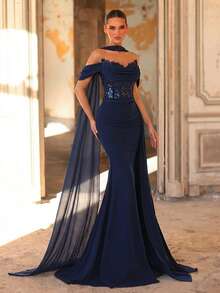 Glamrae Elegant Navy Blue Neckline Romantic Lace Trim Front Beaded Mesh Sheer Fishbone Side High Slit Draped Flounce (Detachable Hanging Flounce) Women's Evening Gown, Valentine's Day - Navy Blue - View 5