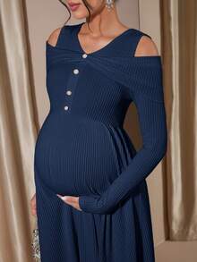 Momance Maternity Raglan Sleeve Button Front Rib-Knit A-Line Midi Dress, Spring/Autumn - Royal Blue - View 7