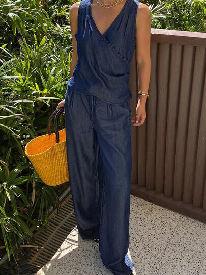 DAZY 女士复古牛仔两件套，简约V领无袖背心+阔腿裤