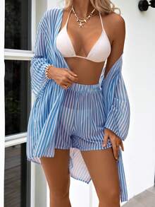 Swim Vcay 2pcs Women Beachwear Kimono Coverups Set , Stripe Printed Shirt And Shorts Mesh Swimwear For Outdoor Dates, Beach Parties, Wearing Sexy, Outdoor Wedding Season Valentines, Suitable For Going Out, Concert, Party, Club Outfits, Date, Night Out,Vacation ,Beach Outfits,Garden Wedding Guest Dress, Elegant Sclothes For Women,Date,For Autumn And Winter Spring Summer Swimwear - Blue - View 3