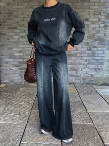 DAZY 女士休闲字母刺绣水洗卫衣牛仔裤两件套，秋冬款