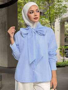 DAZY Women's Elegant Striped Tie Neck Blouse, Spring/Summer - Blue - View 9