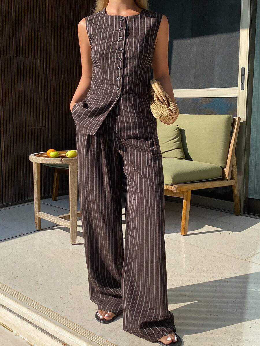DAZY 2pcs Women's Elegant Formal Contrast Striped Sleeveless Top And Pants Suit Set, Spring/Autumn - Coffee Brown - View 1
