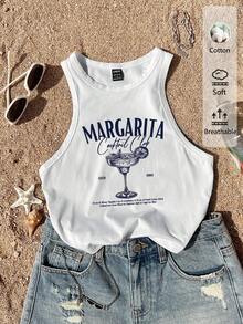 Veykashi 休闲简约圆领复古鸡尾酒会英文字母印花紧身大码女式背心，适合夏季、海滩度假、春假、闺蜜旅行、返校季、假日海滩游轮、波西米亚音乐节、婚礼宾客、城市旅行等场合。 - 白色 - 查看 1