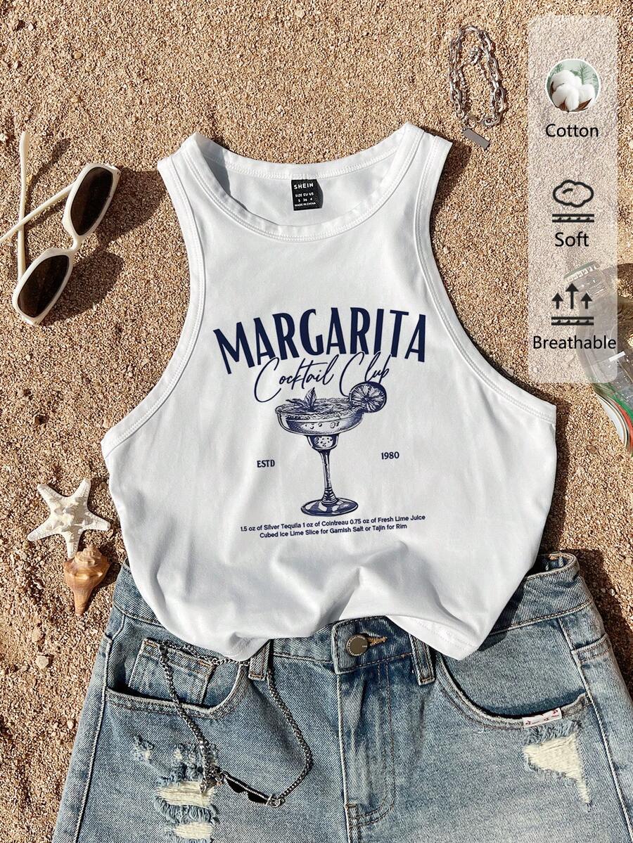 Veykashi 休闲简约圆领复古鸡尾酒会英文字母印花紧身大码女式背心，适合夏季、海滩度假、春假、闺蜜旅行、返校季、假日海滩游轮、波西米亚音乐节、婚礼宾客、城市旅行等场合。 - 白色 - 查看 1