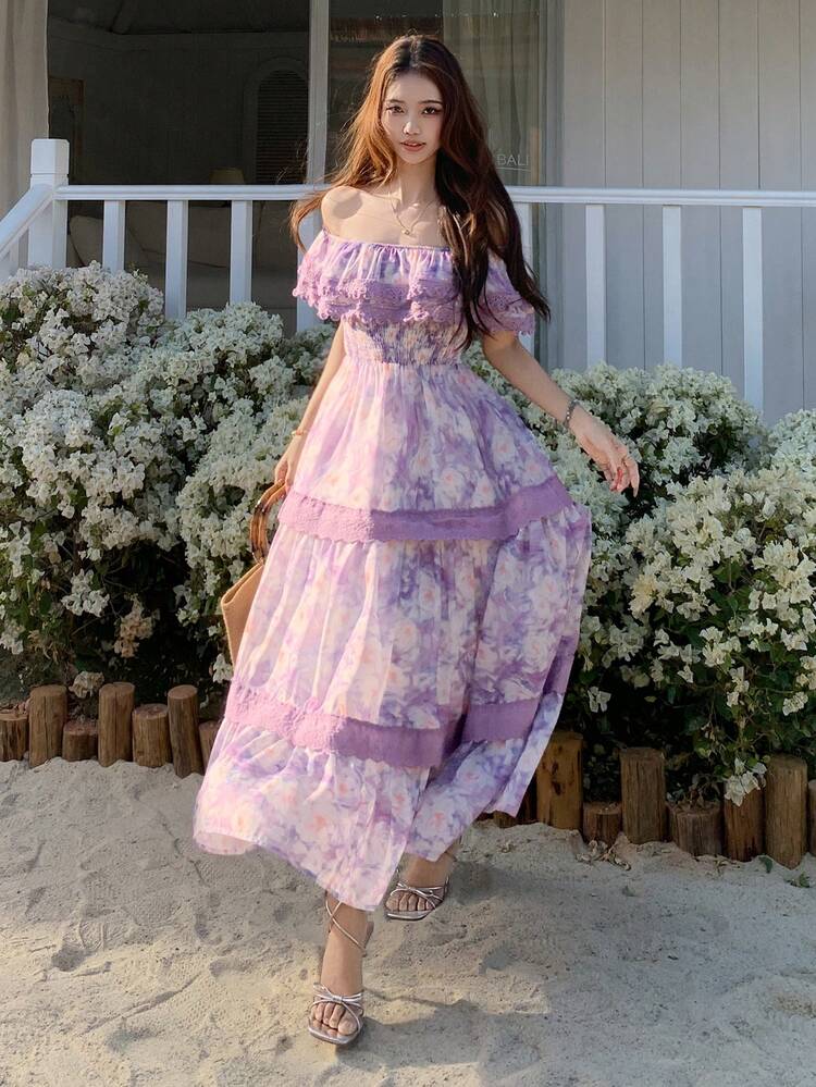 Women's Off-Shoulder Korean Style Ruffle Floral Print Casual Long Dress Maxi Dress Sundress
