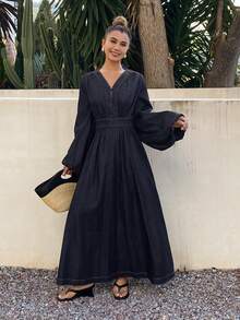 Livesso Women's V-Neck Ruched Waist Puff Sleeve Denim Dress - Blue - View 3