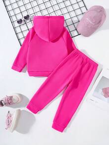 SHEIN Young Girl 2pcs/Set Casual Hooded Sweatshirt With English Letter Print And Pants With Letter Pattern For Spring And Autumn - Hot Pink - View 2