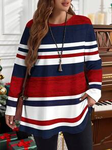 EMERY ROSE Casual Minimalist Colorblock Striped Round Neck Plus Size T-Shirt, Autumn/Winter Patriotic Women Red White And Blue Women Nautical For Women Red White And Blue Top Striped Long Sleeve T-Shirt - Multicolor - View 8