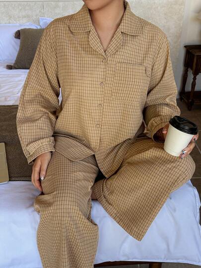 Dazy Plus Plus Size Women's Plaid Print Lapel Collar Long Sleeve Shirt And Pants Pajama Set, Spring/Autumn