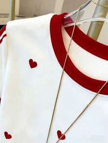 Resyla Women's Round Neck Heart Print Comfortable Versatile Casual T-Shirt - White - View 4