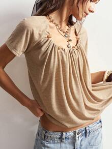 Bohemela 女士夏季休闲舒适度假复古波西米亚音乐节燕麦色针织串珠褶皱小众设计宽松圆领T恤，Fasching服装 - 杏色 - 查看 2