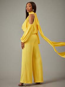 NYA SZN Matching Set (Top & Pant) Top Halter Neck Bubble Hem Long Sleeve Cut Out Crop Top Loose Pant High Waisted Rise Straight Leg Slim Flare Yellow Festive Holiday Spring Break Easter Warm Weather Boho Luxury Chic Event Party Occasion Outfits For Women - Yellow - View 2