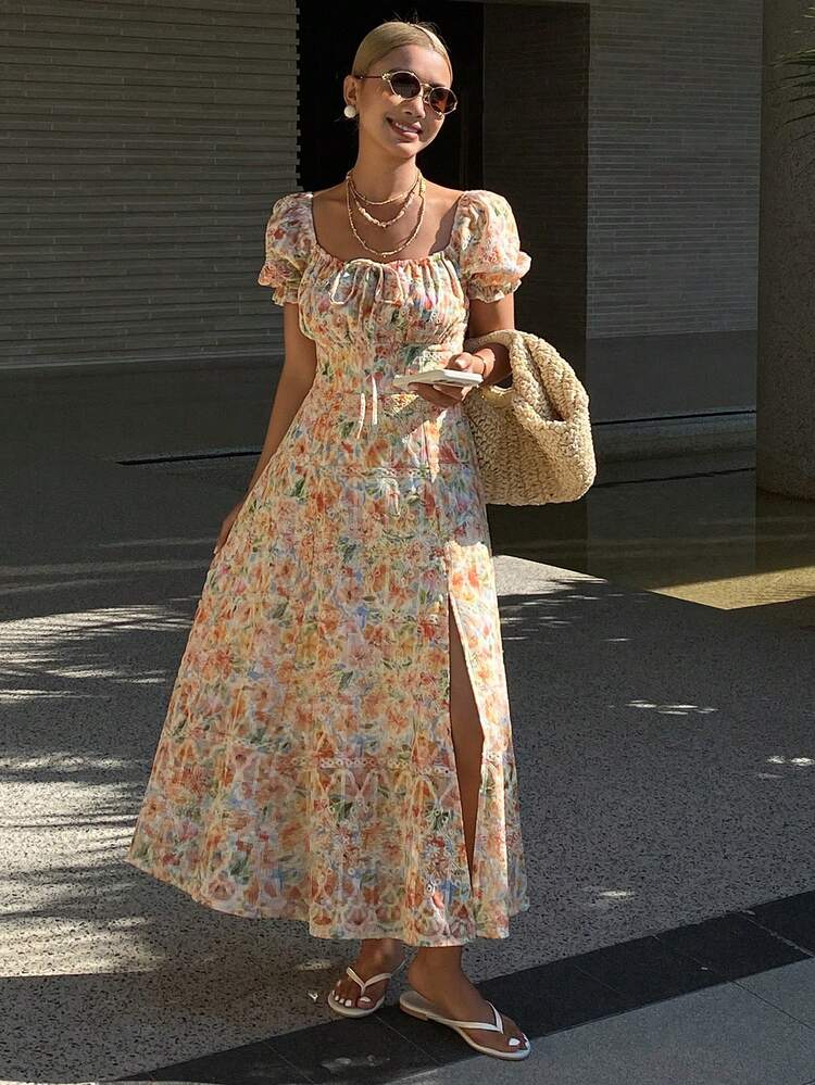 Ditsy Floral Midi Dress With Puff Sleeves, Vintage French Style Floral Dress For Vacation Sundress Boho