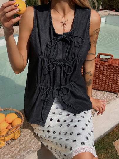 DAZY 女士圆领无袖蝴蝶结前开襟牛仔背心，休闲牛仔上衣