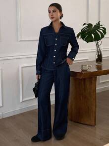 Dazy Tall 女士高领收腰牛仔衬衫搭配直筒牛仔裤，休闲优雅牛仔套装 - 深色水洗藍 - 查看 4