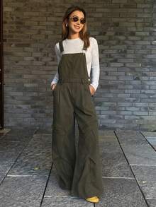 DAZY 女士宽松工装裤，休闲牛仔背带裤，街头风连体裤 - 軍綠色 - 查看 2